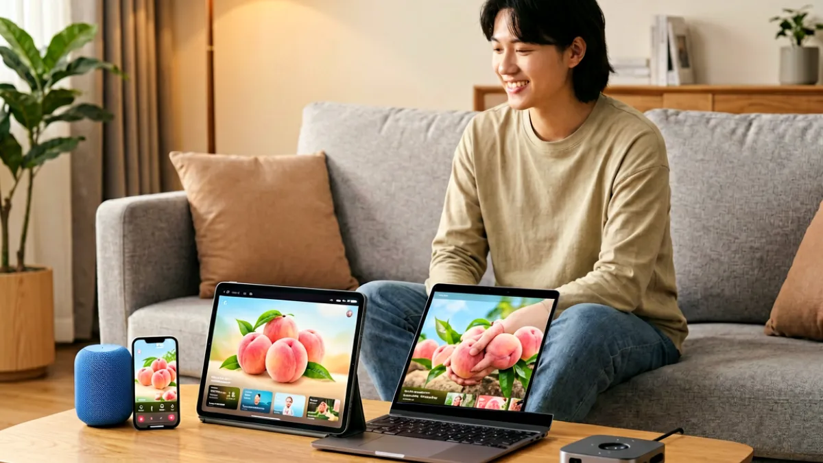 一位年轻用户同时使用手机、平板和笔记本电脑三种设备观看蜜桃视频在线的影视内容，桌面上摆放着蓝牙音箱和投屏器，整体场景展现多终端协同观看的舒适体验