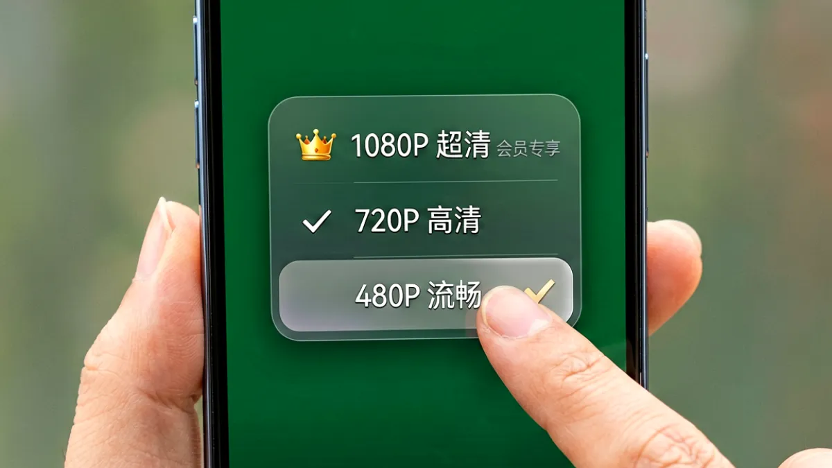 手机屏幕上展示视频播放器的画质切换菜单界面，清晰标注1080P、720P、480P三个档位选项，手指正指向480P档位